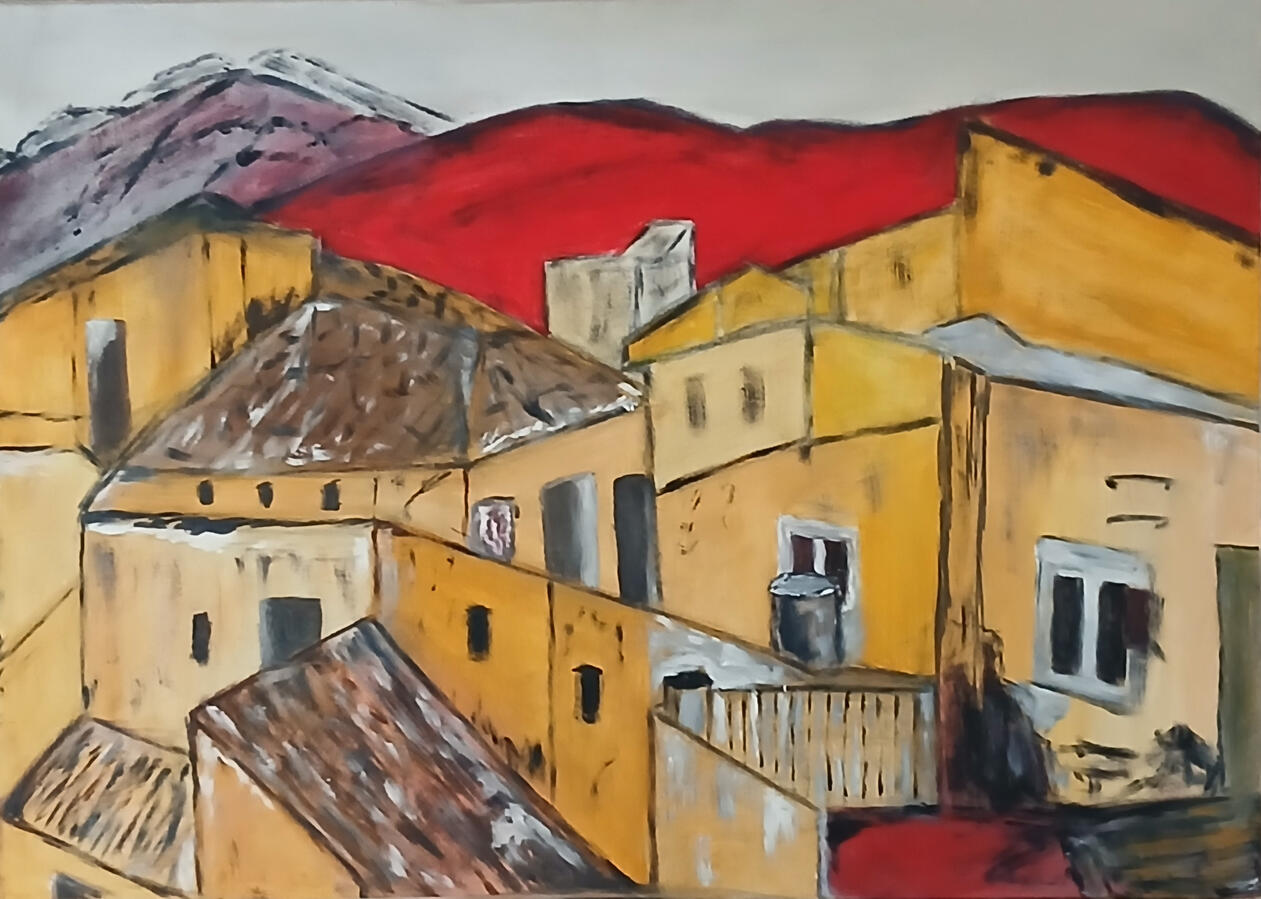 Cubist Cehegin Cubist-inspired Mediterranean village painting capturing the warm tones, architecture, and atmosphere of Cehegín.